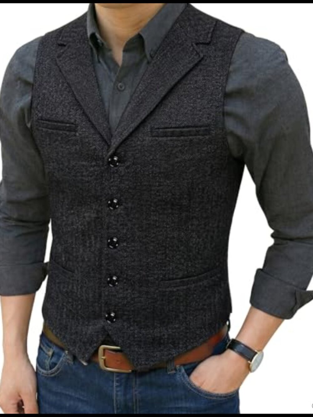 Mens Tweed Herringbone Vest Slim Fit 5-Button Waistcoat Formal